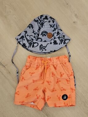 Dinosaur Print Bucket Hat & Lobster Swim Shorts Set - Gray & Orange